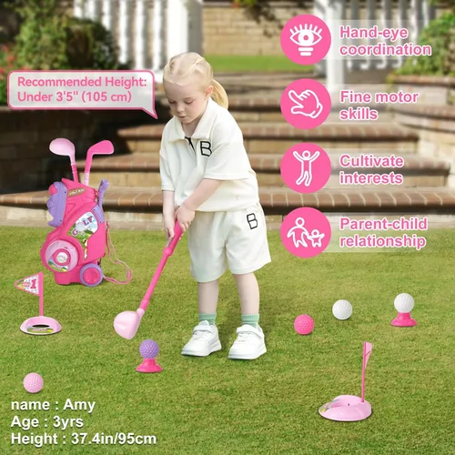 Miniatura 4 de Juego de golf para niñas y niños de 1, 2, 3, 4 años, carrito de golf mejorado para niños con 3 palos y 8 bolas, juguetes deportivos para interiores