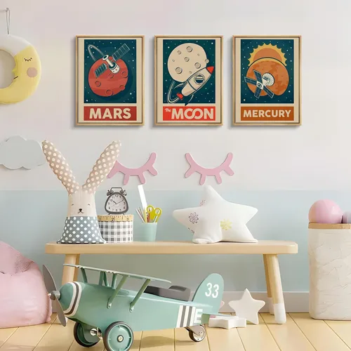 Miniatura 4 de 9 piezas de arte de pared retro del sistema solar para cuarto de niños, imágenes espaciales retroespaciales, galaxia, decoración de pared, pinturas