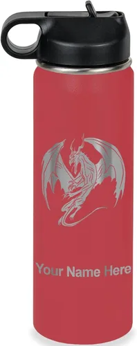 Miniatura 9 de LaserGram Botella de agua con tapa abatible de doble pared de 12 onzas con pajilla, dragón, grabado personalizado incluido (negro)