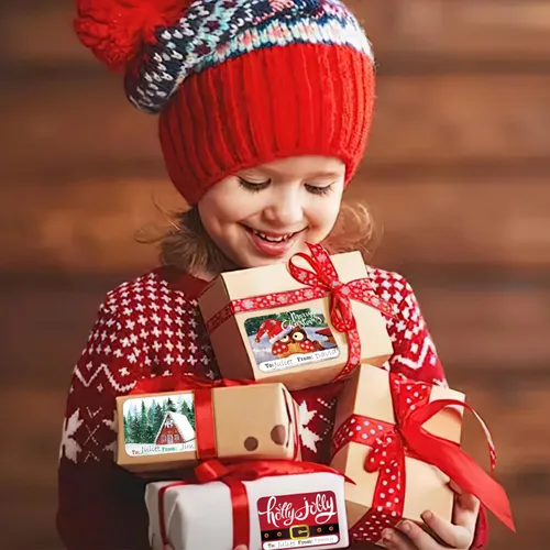 Miniatura 7 de Etiquetas adhesivas de regalo de Navidad de gran tamaño de 80 unidades con papel brillante, 8 diseños jumbo - Etiqueta de Navidad para envolver
