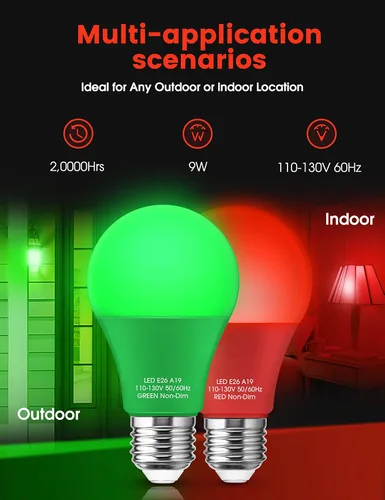 Miniatura 2 de Bombillas de Luz Roja y Verde Woxeon [Paquete de 4] – Bombillas LED A19 Rojas y Verdes de 9W (Equivalente a 60W) – Bombilla de Luz de Color con Base