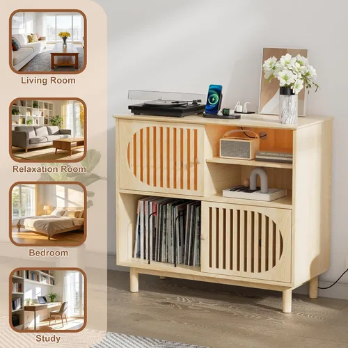 Miniatura 9 de Soporte grande para tocadiscos con almacenamiento y luces LED, gabinete de almacenamiento de discos de vinilo con capacidad para hasta 350 álbumes