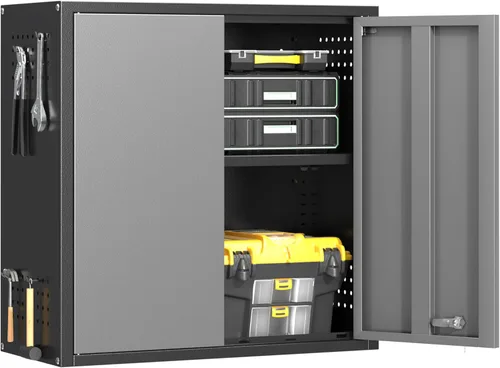 Miniatura 13 de Armario de pared de garaje de metal con puerta abatible hacia arriba, cabenit de herramientas flotante negro con estante ajustable, armarios