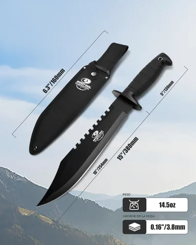Miniatura 2 de Cuchillo de supervivencia Mossy Oak de hoja fija de 38 cm con funda, cuchillo táctico Bowie con afilador y arrancador de fuego para camping, al aire