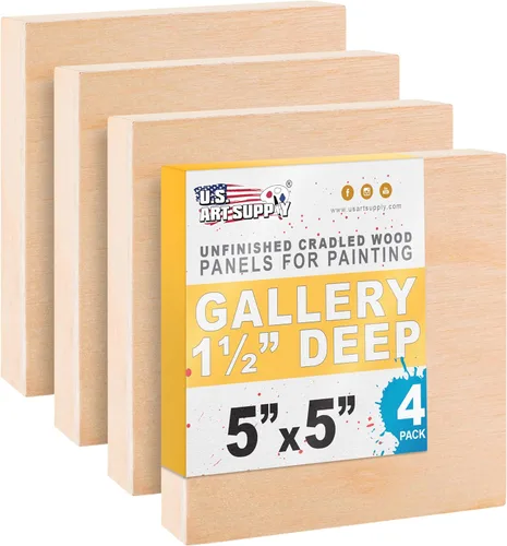 U.S. Art Supply Paneles de madera acunados sin terminar de 5 x 5 pulgadas para pintar, galería de 1-1/2 pulgadas de profundidad (paquete de 4