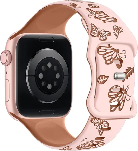 Miniatura 11 de Melyis Correa deportiva de silicona suave grabada con diseño floral y mariposa compatible con Apple Watch de 1.575 pulgadas, 1.614 pulgadas, 1.496