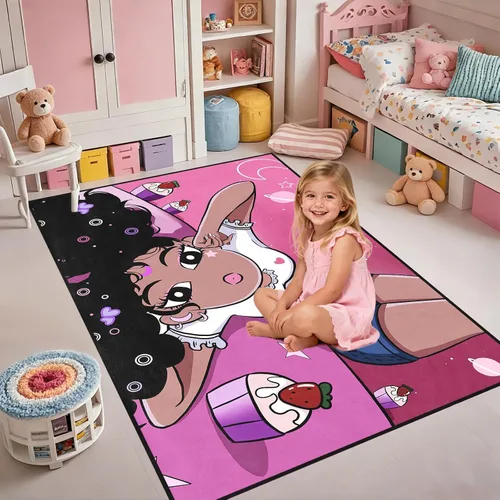 Miniatura 54 de Alfombra de área para dormitorio de niñas negras africanas, alfombra para sala de estar, sala de juegos, azul, lindo anime de dibujos animados
