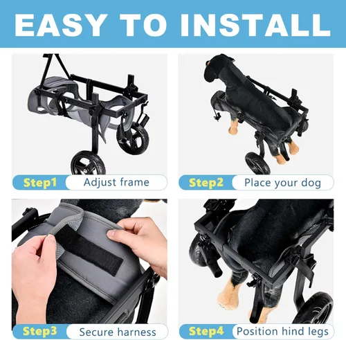 Miniatura 8 de Silla de ruedas para perros para patas traseras, altura/longitud/ancho ajustable, silla de ruedas resistente con ruedas que absorben los golpes, Gris