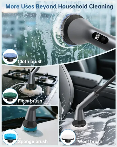 Miniatura 6 de VICNOVA Limpiador eléctrico giratorio, IPX7 impermeable de 2 velocidades, cepillo de limpieza inalámbrico extensible de mango largo con 7 cabezales
