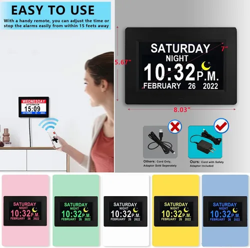 Miniatura 3 de Véfaîî Reloj digital de demencia con fecha y hora para ancianos, 10 niveles de atenuación automática, 19 alarmas y recordatorios personalizados