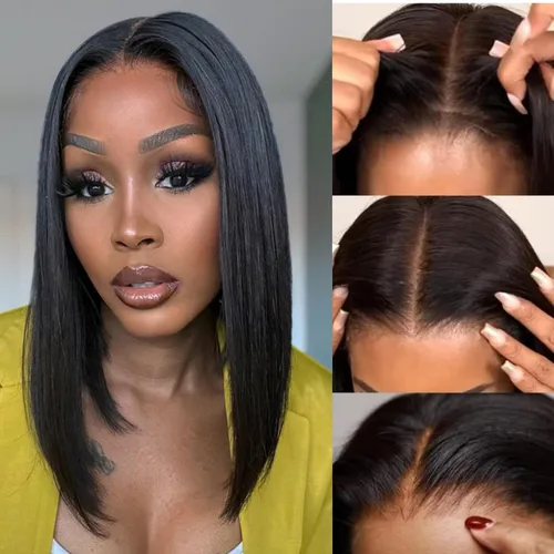 Miniatura 18 de Peluca de cabello humano sin pegamento, predepilada, precortada, recta, corta con encaje frontal para mujer, 4x4, cierre de encaje HD, peluca