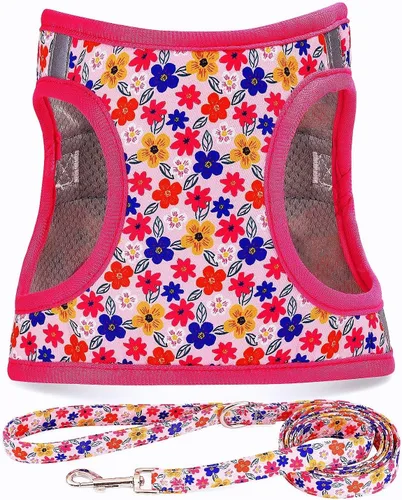 Miniatura 14 de Arnés para perro con correa, arnés reflectante para todo clima, sin tirones, con patrón floral, acolchado, malla para gatos, cachorros, perros