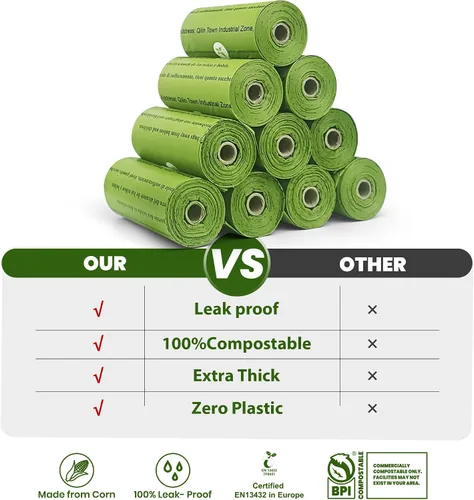 Miniatura 2 de Bolsas compostables certificadas para excremento de perro, 270 bolsas, 18 rollos, bolsas para excrementos para perros hechas de almidón de maíz