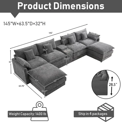 Miniatura 2 de Sofá modular de gran tamaño de 145 pulgadas, sofá de nube en forma de U, moderno juego de sofá de 6 asientos para sala de estar, cómodo asiento Gris