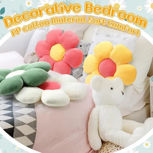 Miniatura 6 de Coume 4 almohadas de flores de felpa de 15 pulgadas, almohadas de felpa en forma de margaritas, bonito cojín de asiento para el primer día