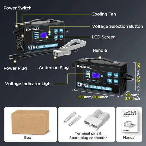 Miniatura 9 de Cargador de batería para carretilla elevadora 24V 30A Cargador de batería inteligente con pantalla digital LCD Cargador de carretilla elevadora