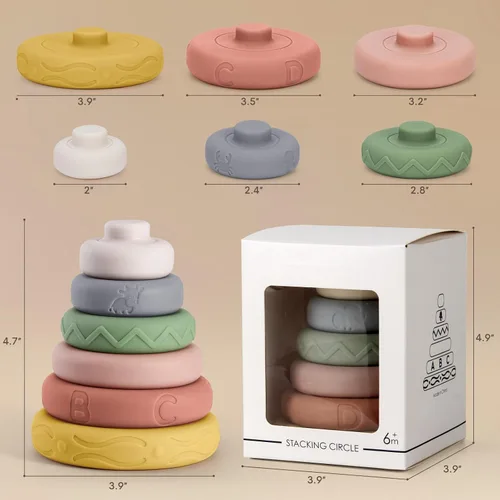 Miniatura 4 de BOBXIN Anillos apilables y anidados para bebés de 4.7 pulgadas, 6 piezas de silicona suave, apiladores de construcción circulares, juego de apretar