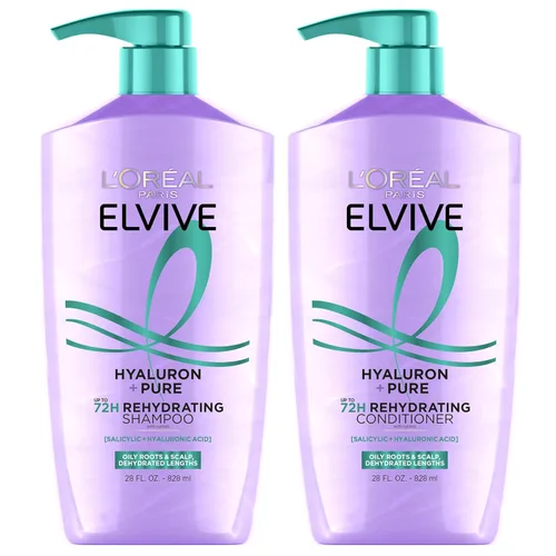 L'Oreal Paris Elvive Hyaluron + Pure - Juego de champú y acondicionador clarificante y acondicionador rehidratante con ácido salicílico y ácido