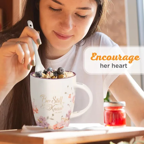Miniatura 4 de Taza de café y té con escritura de Christian Art Gifts con juego de cucharas de cerámica para mujeres: Be Still and Know - Salmo 46:10 Mensaje