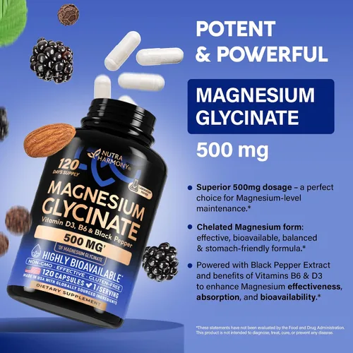 Miniatura 5 de Glicinato de magnesio 500 mg – Suplemento quelatado – Forma de alta absorción de magnesio – Apoyo para el sueño, la salud muscular y cardíaca
