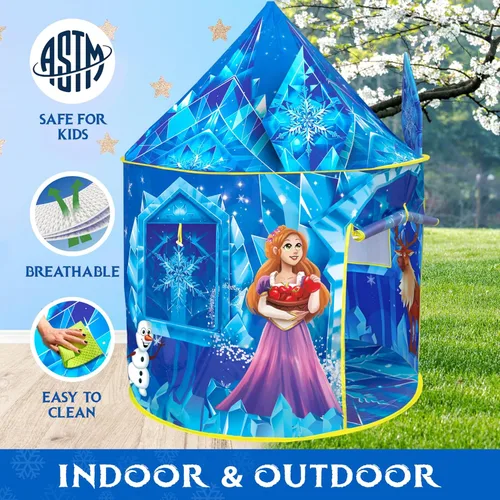 Miniatura 6 de W&O Tienda de campaña de princesa congelada para niñas con botón de sonido mágico, luces LED, corona y varita – Tienda de campaña congelada