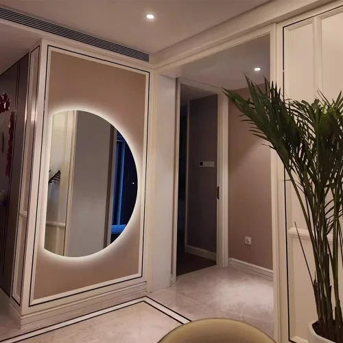 Miniatura 3 de Espejo de baño semicírculo, retroiluminado, espejo de tocador LED de 3 colores, luz de media luna, entrada de longitud completa, espejo de pared
