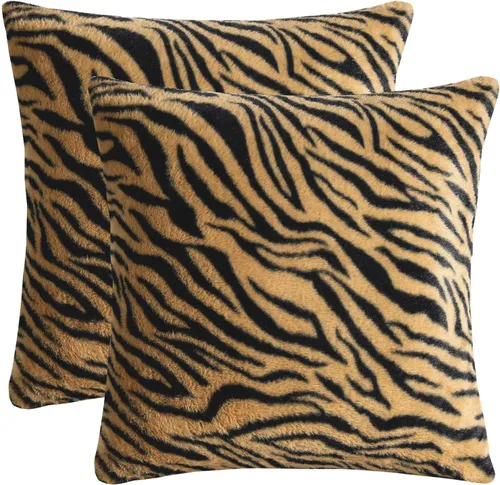 Juego de 2 fundas de almohada con estampado de tigre de 18 x 18 pulgadas, fundas de almohada de piel sintética marrón y negra, suaves y esponjosas
