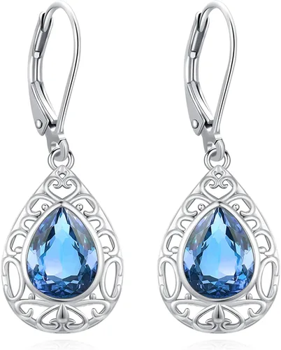 Miniatura 43 de Aretes colgantes de plata de ley con diseño de árbol de la vida, flor, abeja, animales, gato, colibrí, piedra lunar, turquesa, aretes con cierre