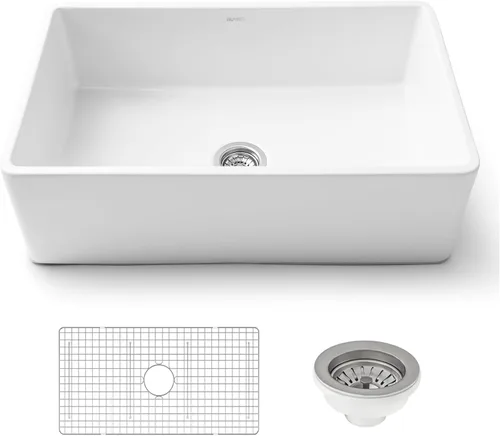 Miniatura 9 de Ruvati 23 x 18 pulgadas Fregadero de Cocina de Arcilla Refractaria, Modelo Farmhouse con Delantal Delantero, de Una Cubeta - Blanco - RVL2468WH