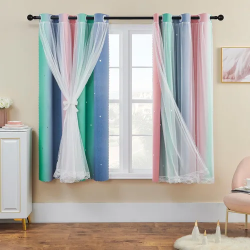 Miniatura 111 de XiDi Cortinas opacas con estrellas para habitaciones de niños, cortinas verdes para ventana de dormitorio de niños, azul y gris, 52 pulgadas de Azul