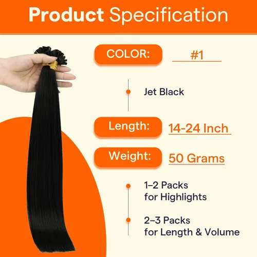 Miniatura 4 de Full Shine Ktip - Extensiones de cabello humano, 22 pulgadas, 1.76 onzas, 50 hebras de color 1 negro azabache, cabello lacio natural, mezcla sin