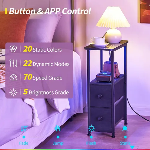 Miniatura 4 de DALEMHOME Mesa auxiliar estrecha con estación de carga, mesa auxiliar estrecha con cajón, mesita de noche pequeña con luz LED, mesita de noche