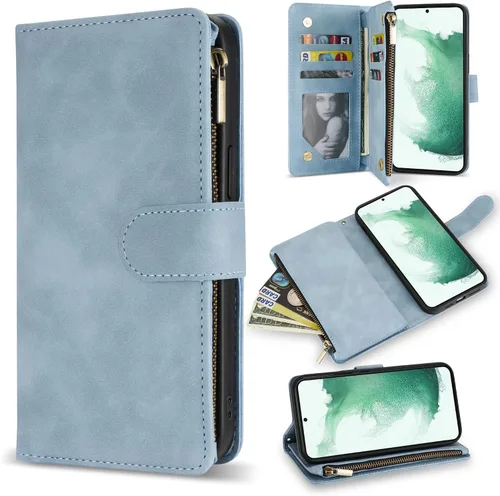 Miniatura 29 de ZZXX Funda para Samsung Galaxy S22 Plus con ranura para tarjeta, piel sintética suave de alta calidad, con cremallera, con correa para la muñeca