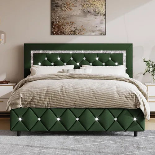 Miniatura 27 de BarnFurin Base de cama y cabecero tamaño King, cama tapizada de piel sintética con diseño capitoné de diamante, base de cama de plataforma moderna