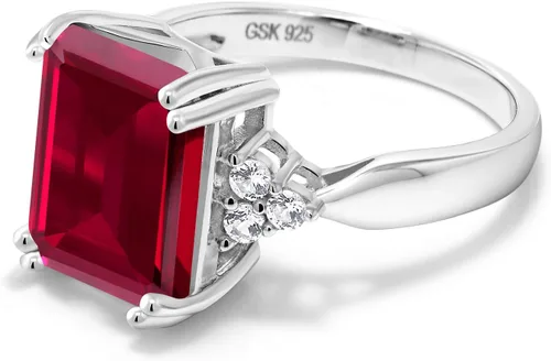 Miniatura 42 de Gem Stone King Anillo de compromiso con piedra natal de 5-10 quilates para mujer, plata de ley 925, corte esmeralda de 0.47 x 0.394 pulgadas, anillo