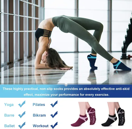 Miniatura 23 de Muezna Calcetines de yoga antideslizantes para mujer, antideslizantes, para pilates, barras, calcetines de hospital con agarres, talla 5-10