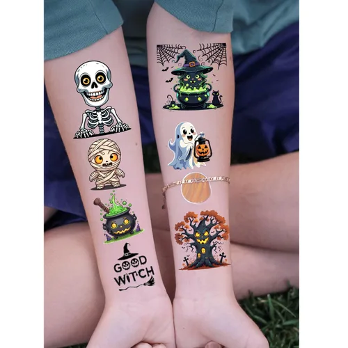 Miniatura 7 de Tatuajes temporales de Halloween que brillan en la oscuridad: 108 hojas envueltas individualmente, calcomanías luminosas de tatuaje, recuerdos