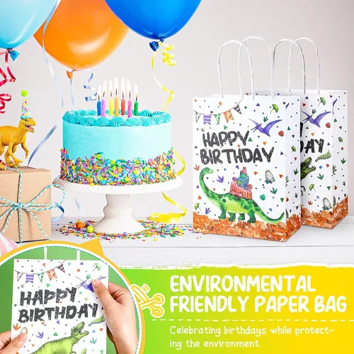 Miniatura 6 de Containlol 16 bolsas de papel para fiesta de cumpleaños de dinosaurio, bolsas de regalo de cumpleaños con asa para niños y niñas, temática