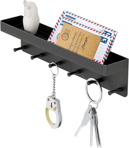 MKO Soporte de pared para llaves, adhesivo de montaje en pared con bandeja organizadora de correo con 6 ganchos para llaves para pared, color negro