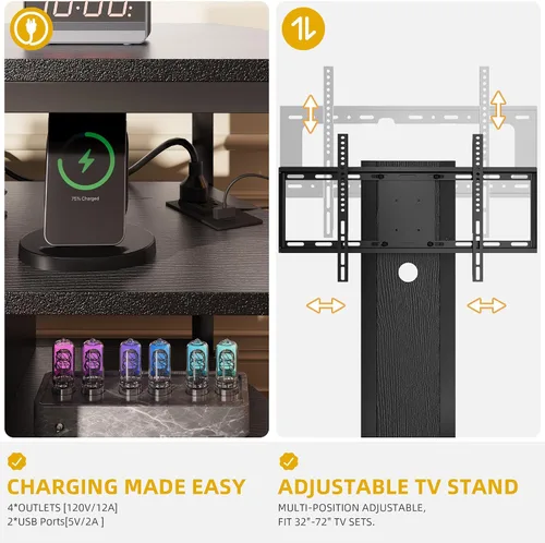 Miniatura 6 de DWVO Soportes de TV negros para sala de estar con toma de corriente, soporte de TV con montaje, centro de entretenimiento LED para TV de 70/65/60