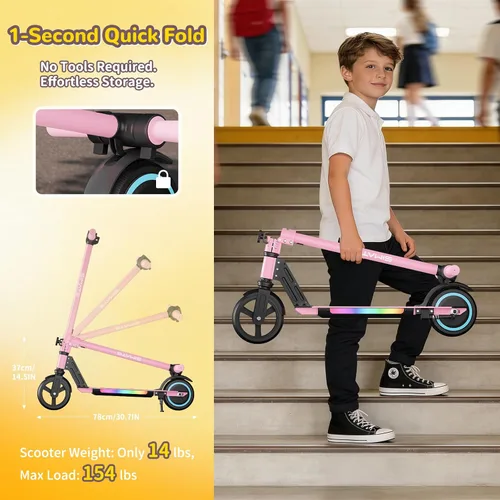 Miniatura 3 de SIMATE Electric Scooter for Kids 6-14, e Kick Scooter with LED Display and Colorful Lights, Adjustable Height and Foldable, Double Brake, Gifts for
