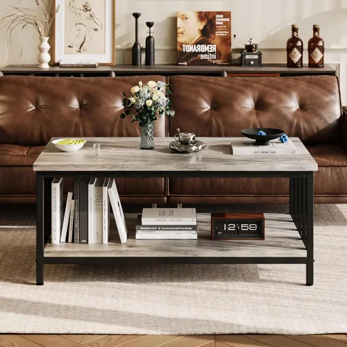 Miniatura 2 de Homeiju - Mesa de café para sala de estar con marco lateral a lamas, mesa moderna de granja para sala de estar con estante de almacenamiento de 2