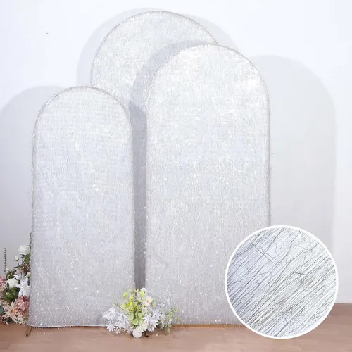Miniatura 2 de Efavormart - Juego de 3 fundas para telón de fondo con flecos metálicos plateados, fundas ajustables para arcos de boda redondos - 5, 6, 7 pies Plata