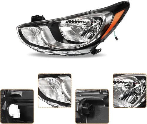 Miniatura 9 de Para 2012 2013 2014 Hyundai Accent (8 pines) Conjunto de faros halógenos izquierdo lado del conductor carcasa negra lente transparente sin DRL