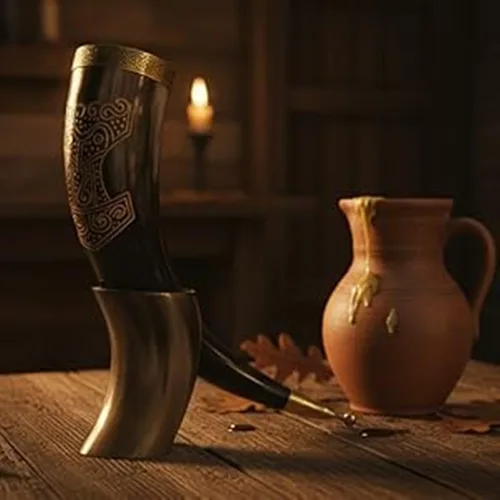 Taza vikinga con cuerno, martillo de Thor, tallada a mano, grande de 10 a 12 pulgadas con soporte/juego de 2 regalos rústicos vintage para