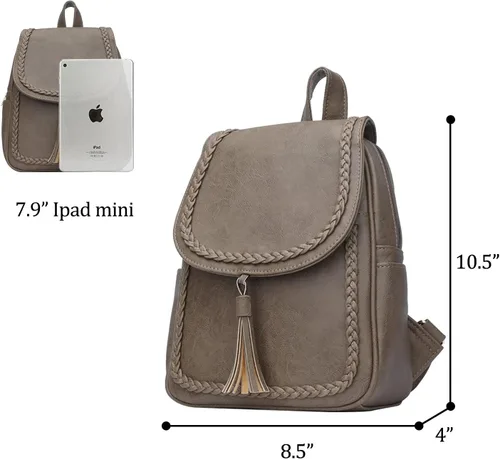 Miniatura 4 de KKXIU Bolso pequeño de la mochila del cuero sintético de la manera para las mujeres y las niñas adolescentes con la borla, Caqui, Viajar