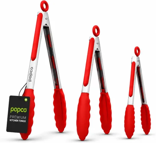 Miniatura 10 de Popco Juego de pinzas de cocina de 3 piezas, puntas de silicona resistentes al calor, agarre fuerte y cómodo, 3 tamaños (7, 9, 12 pulgadas)