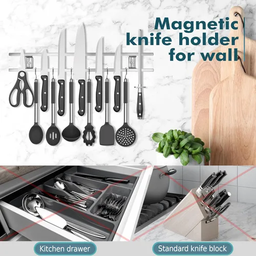Miniatura 3 de Soporte magnético para cuchillos de pared, tira magnética de acero inoxidable de 18 pulgadas, soporte magnético para cuchillos de pared con ganchos