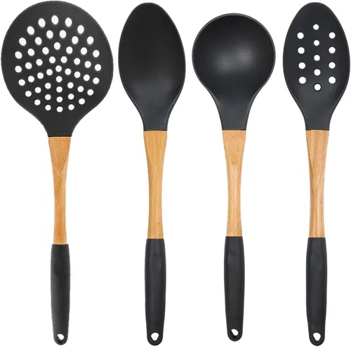 Miniatura 16 de Beille 5 utensilios de cocina de madera de nailon gris oscuro con cucharas de cocina, cucharón de sopa, cuchara espumadera y espátula, 13 pulgadas