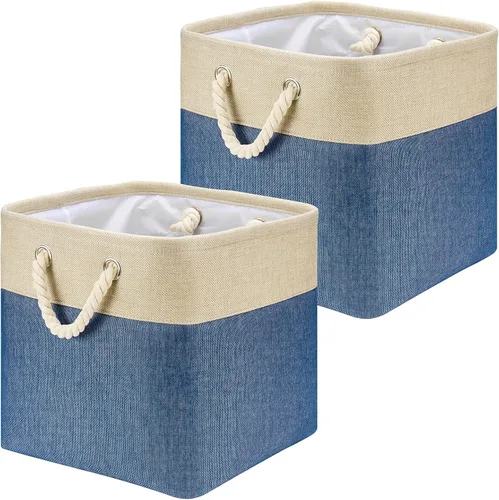 Cubos de almacenamiento de tela de lino beige y azul marino de 13 x 13 x 12.5 pulgadas, paquete de 2 cubos de almacenamiento de 13 x 13 pulgadas,